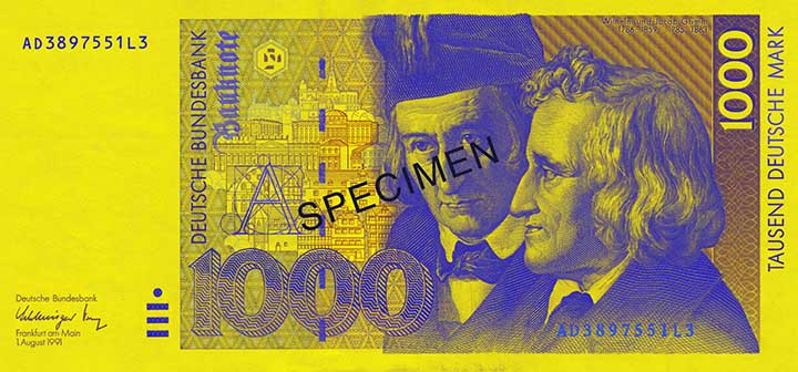 1,000 Deutsche Mark banknote frontside 1,000 Deutsche Mark banknote frontside