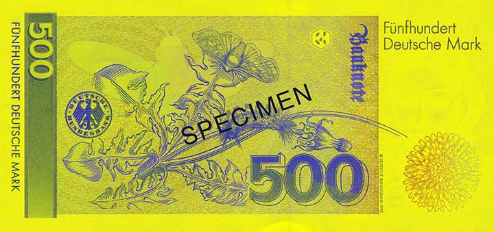 500 Deutsche Mark banknote backside 500 Deutsche Mark banknote backside