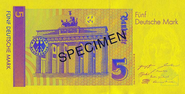 5 Deutsche Mark banknote backside 5 Deutsche Mark banknote backside