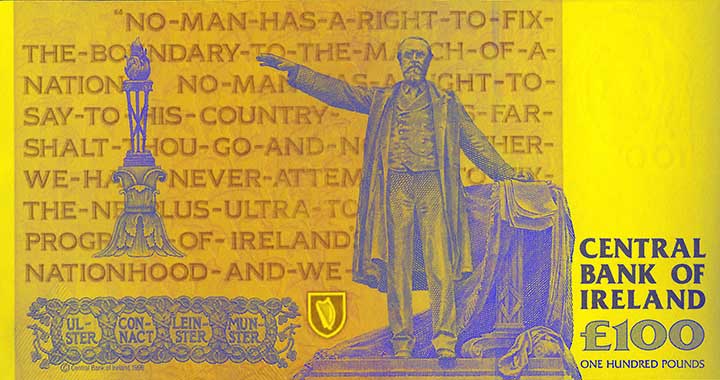 100 Irish pound banknote backside 100 Irish pound banknote backside