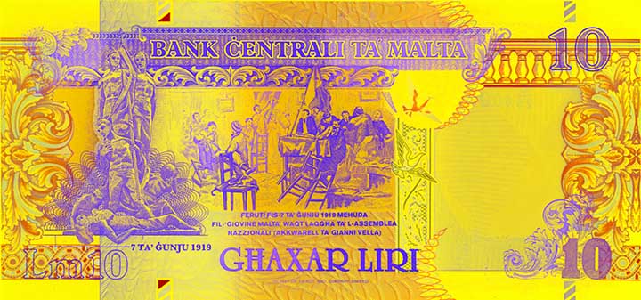 10 Maltese lira banknote backside 10 Maltese lira banknote backside