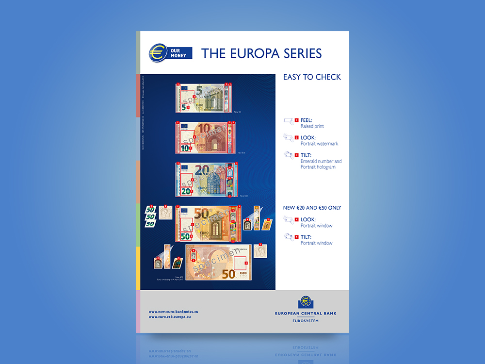 Poster on the security features of the Europa series €5, €10, €20 and €50 banknotes.