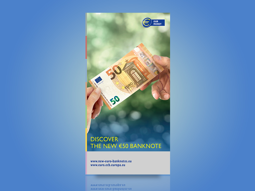 Leaflet for professional cash handlers on the security features of the first series of euro banknotes and the Europa series €5, €10, €20 and €50 banknotes.